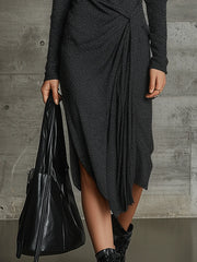 Dark Grey Asymmetrical With One-Shoulder Design Knit Midi Dress