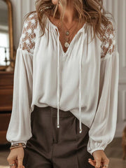 Women's Retro Casual Early Spring V-neck Lace Splicing Long Sleeve Shirt