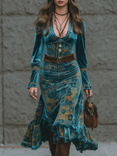 Retro-Chic Luxury Blue-Green Velvet Ruffled Hem Midi Dress