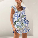 Short Tank Top Shorts Blue Flower Ink Art Pajama Set