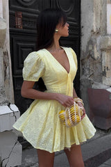 Yellow Eyelet Embroidery Puff Sleeve Mini Dress