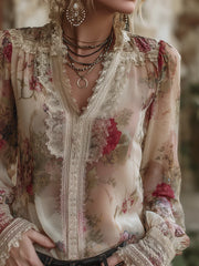 Vintage Romantic Lace-Trim Floral Chiffon Blouse