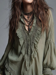 Bohemian-style Chiffon Blouse With Lace Trim