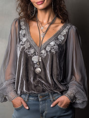 Vintage Grey Embroidered Velvet Blouse With Lace And Sheer Balloon Sleeves