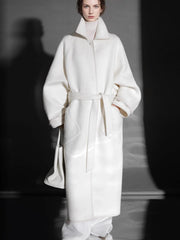 Chain Pattern Wool Coat for Women – Double-Faced Alpaca Wool Overcoat with Leather Trim, Chic Oversized Silhouette Winter Outerwear