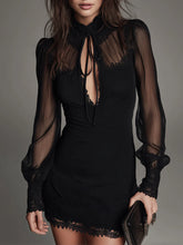 Elegant Keyhole Neckline Mini Dress With Tie Detail And Lace Trim