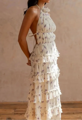 Beige Purple Floral Halter Tie-Back Backless Ruffle Maxi Dress | Vacation Style Elegant Floral Dress