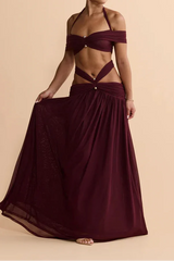 Halter Off-Shoulder Mesh Cut-Out Waist-Cinching Maxi Two-Piece Set | Sexy Backless Vacation Outfit