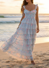 Blue Pink Floral Tulle Lace Trim Tiered Corset Maxi Dress