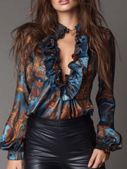 Baroque Print Satin Ruffle Blouse With V Front And Puff Sleeves