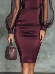 Elegant Wine Red Satin Sheer Balloon Sleeves Midi Dress