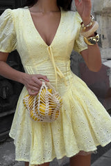 Yellow Eyelet Embroidery Puff Sleeve Mini Dress