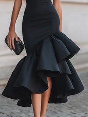 Asymmetrical Ruffle Hem Tailored Midi Dress