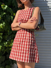 Red Gingham Sleeveless Mini Dress | Vintage Preppy A-Line
