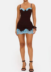 Contrast Lace Trim Ruched Bodycon Mini Dress