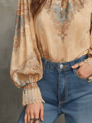 Vintage Baroque High-Neck Printed Chiffon Blouse
