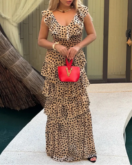 Wild Animal Print V-Neck Ruffle Split Maxi Dress