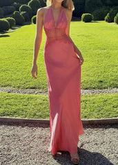 Halter Lace Waist Satin Maxi Dress