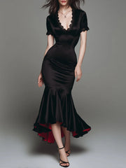Elegant Satin Red Lined Fishtail Maxi Dress With Lace Trim