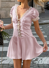 Pink Satin Lace Puff Sleeve Mini Dress