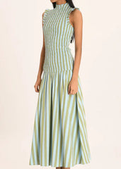 Sleeveless Ruffle High Neck Smocked Stripe Midi Dress