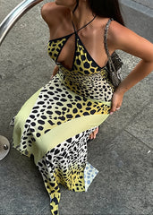 Sexy Leopard Halter Bust Cutout Back Slit Asymmetrical Maxi Dress