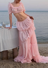 Puff Sleeve Backless Top & Tiered Maxi Skirt Set