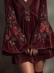 Boho Bell-Sleeve Burgundy Velvet Embroidered Mini Dress