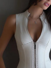 Retro Zipper Lace Stand Collar Eco-Friendly Leather Vest