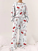 Women's Christmas Candy Cane Gift Box Pattern Long Sleeve Long Pants Round Neck Suit