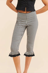 Plaid Lace Ruffle Cropped Skinny Pants