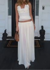 Off-White Decor Halter Backless Ruched Top & Flowy Maxi Skirt Vacation Two-Piece Set