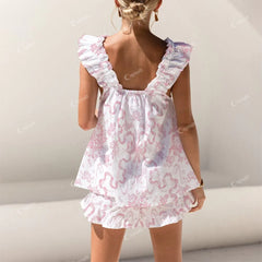 Colordate Bow And Flower Print Short Tank Top Shorts Pajama Set