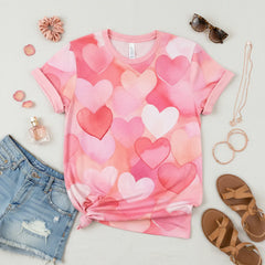 Watercolor Hearts Print Short Sleeve T-Shirt - Artistic Valentine's Edition