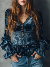 Vintage Blue Velvet Floral Print Corset Style Blouse