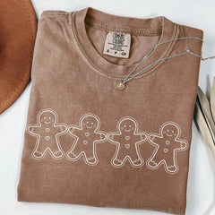 Christmas Gingerbread Man Washed Cotton Crew Neck T-Shirt
