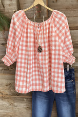 Cotton Plaid Gathered Cuff Top