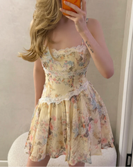 Butter Yellow Floral Corset Lace Trim Mini Dress