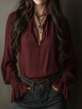 Boho V-Neck Deep Wine Red Blouse With Lace Cuffs