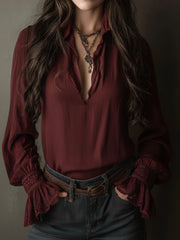 Boho V-Neck Deep Wine Red Blouse With Lace Cuffs