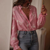 Long Sleeve Printed Top Lapel Lantern Sleeve Shirt