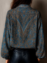 Retro Blue Bronze Baroque Paisley Print Loose Blouse