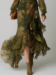 Bohemian Holiday Print Irregular Ruffled Hem Chiffon Maxi Dress
