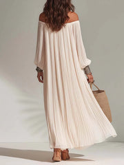 Bohemian Resort Pleated Ivory Off-Shoulder Maxi Dress
