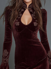 Elegant Embroidered Polyester Velvet Mini Dress With Keyhole Neckline