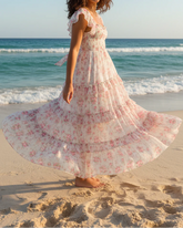 White Pink Floral Smocked Flutter Sleeve Tiered Maxi Dress