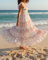 White Pink Floral Smocked Flutter Sleeve Tiered Maxi Dress
