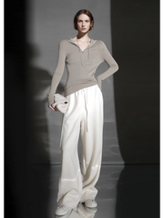 Wool Blend Drawstring Wide-Leg Pants – Color Block Casual Trousers for Women, Trendy Relaxed Fit Banana Pants for Autumn/Winter