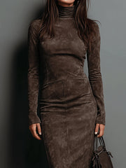 High Neck Long Sleeve Suede Midi Dress