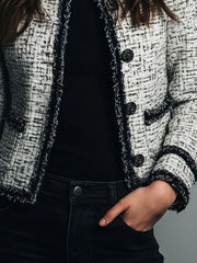 Classic Monochrome Tweed Jacket With Frayed Edge